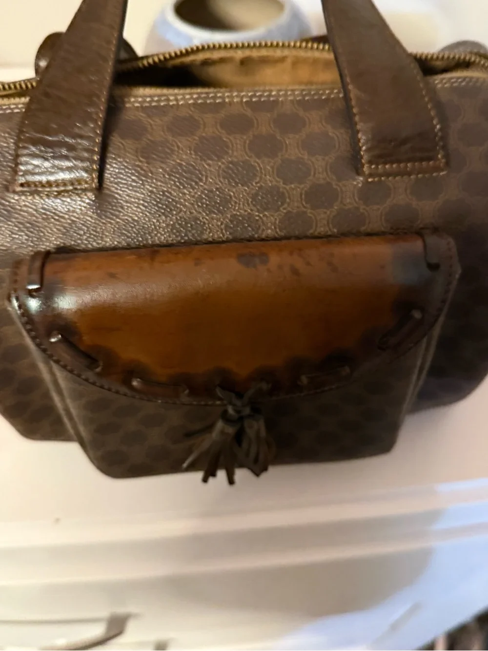 CELINE Macadam Boston Bag Brown PVC & Leather Satchel Top Handle Handbag